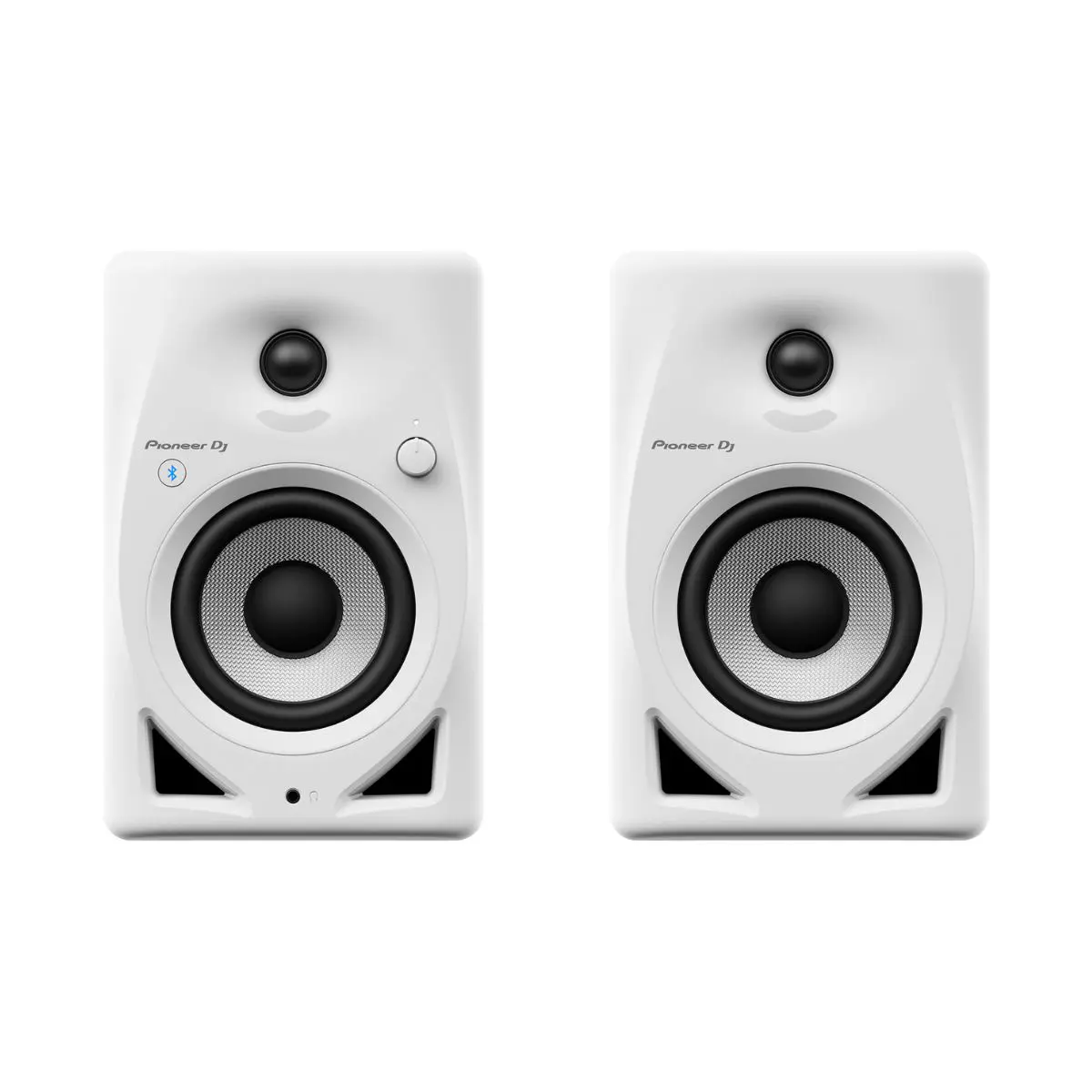 Pioneer DJ DM-40D-BT in white 4-inch desktop active monitor speaker featuring Bluetooth for wireless audio streaming.