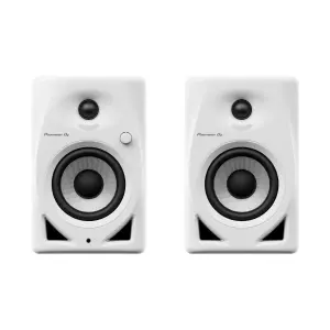 White Pioneer DJ DM-40D 4-inch desktop monitor speakers positioned on a surface, designed for high-quality sound.