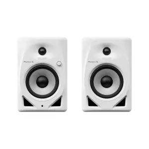 White Pioneer DJ DM-50D 5-inch desktop monitor speakers positioned on a surface, designed for high-quality sound.