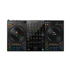 Pioneer DJ DDJ-FLX10 4-deck DJ controller in black, featuring multiple controls and a sleek design for professional DJs.