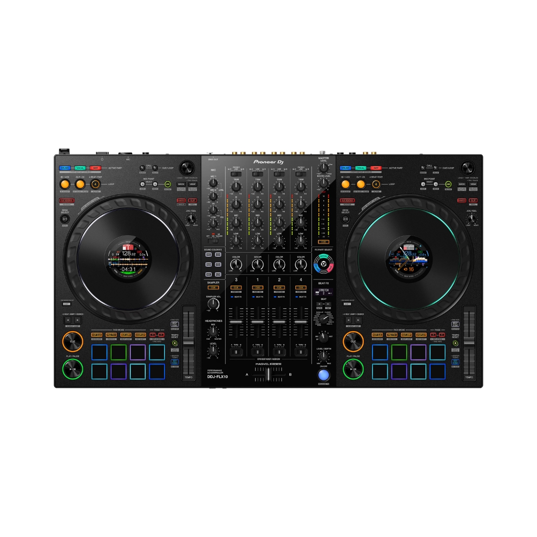 Pioneer DJ DDJ-FLX10 4-deck DJ controller in black, featuring multiple controls and a sleek design for professional DJs.