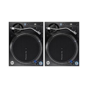 Professional Pioneer DJ PLX-1000 turntable pair with a sleek design, direct drive system, and adjustable pitch control.