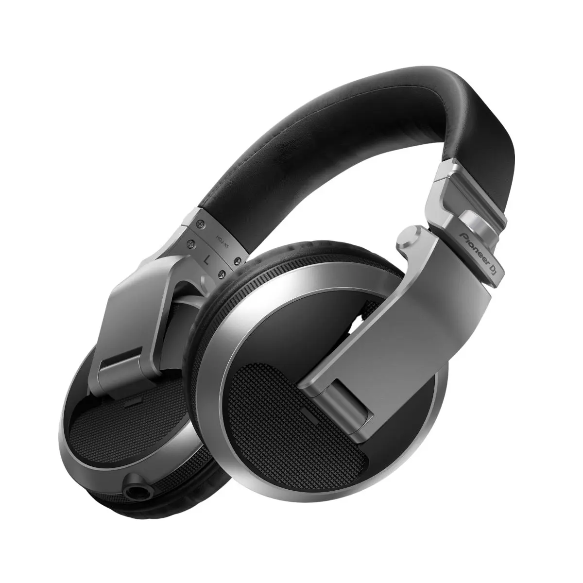 Silver Pioneer DJ HDJ-X5 professional DJ headphones with cushioned ear pads and adjustable headband for comfort.