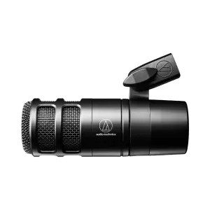 Audio-Technica AT2040 dynamic microphone designed for podcasting, featuring a sleek black design and sturdy build.