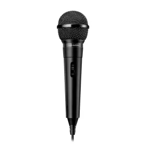Dynamic handheld microphone, Audio-Technica ATR1100X, designed for clear audio capture in various recording settings.
