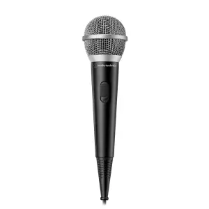 Dynamic handheld microphone, Audio Technica ATR1200X, designed for clear vocal capture in live performances and recordings.