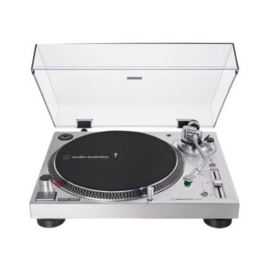 Audio-Technica AT-LP120XUSB turntable in silver, featuring USB output for vinyl to digital audio conversion and stereo sound.