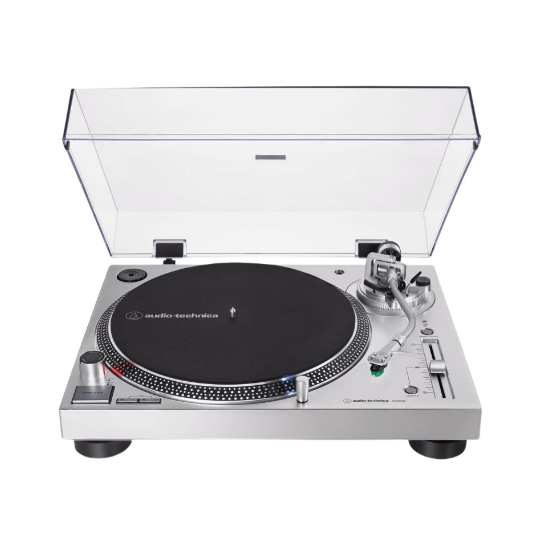 Audio-Technica AT-LP120XUSB turntable in silver, featuring USB output for vinyl to digital audio conversion and stereo sound.