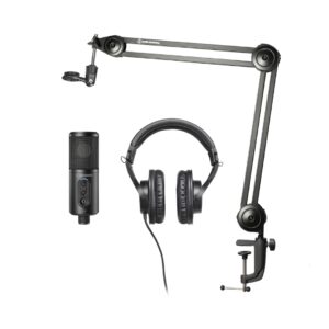 Audio Technica Creator Pack for streaming, podcasting, and recording, featuring a microphone, headphones, and accessories.