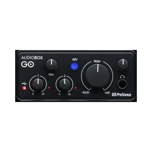PreSonus AudioBox Go 2×2 USB-C audio interface with two inputs and outputs for high-quality audio recording and playback.