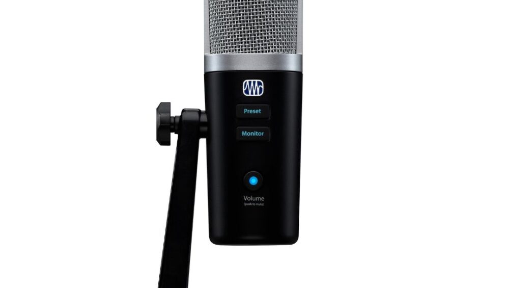 PreSonus Revelator USB condenser microphone with a sleek design, ideal for streaming and recording high-quality audio.