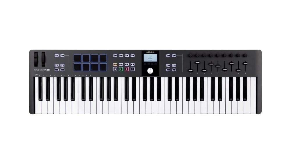 Arturia KeyLab Essential mk3 61-key black keyboard controller with various knobs and buttons for music production.