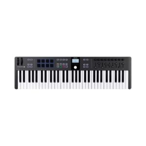 Arturia KeyLab Essential mk3 61-key black keyboard controller with various knobs and buttons for music production.