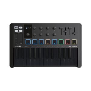 Arturia MiniLab MK3 25-key MIDI keyboard controller in deep black, featuring compact design and various control options.
