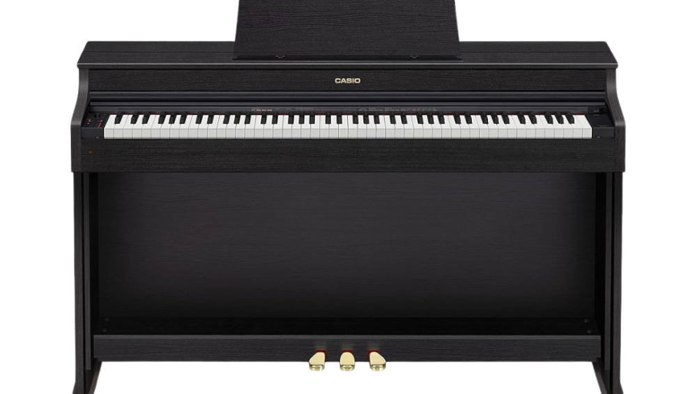 Casio AP-470 Celviano Digital Piano in black, accompanied by a matching bench, showcasing a sleek and modern design.