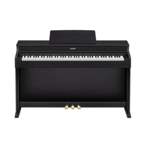 Casio AP-470 Celviano Digital Piano in black, accompanied by a matching bench, showcasing a sleek and modern design.
