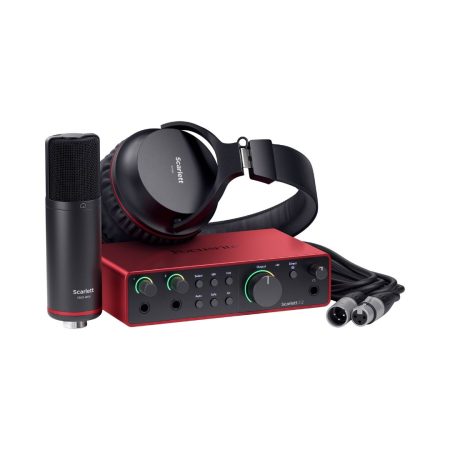 Red audio interface, the Focusrite Scarlett 2i2, with included headphones, microphone and cable from the 4th Gen Recording Bundle.