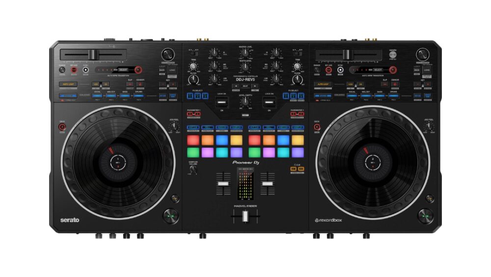 Pioneer DJ DDJ-REV5, a 2-channel DJ controller designed for scratch-style mixing with intuitive controls and vibrant performance features.