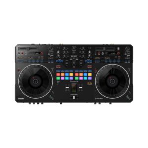 Pioneer DJ DDJ-REV5, a 2-channel DJ controller designed for scratch-style mixing with intuitive controls and vibrant performance features.