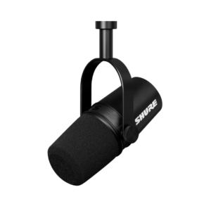 Shure MV7X dynamic broadcast microphone in black, designed for professional audio recording and streaming.