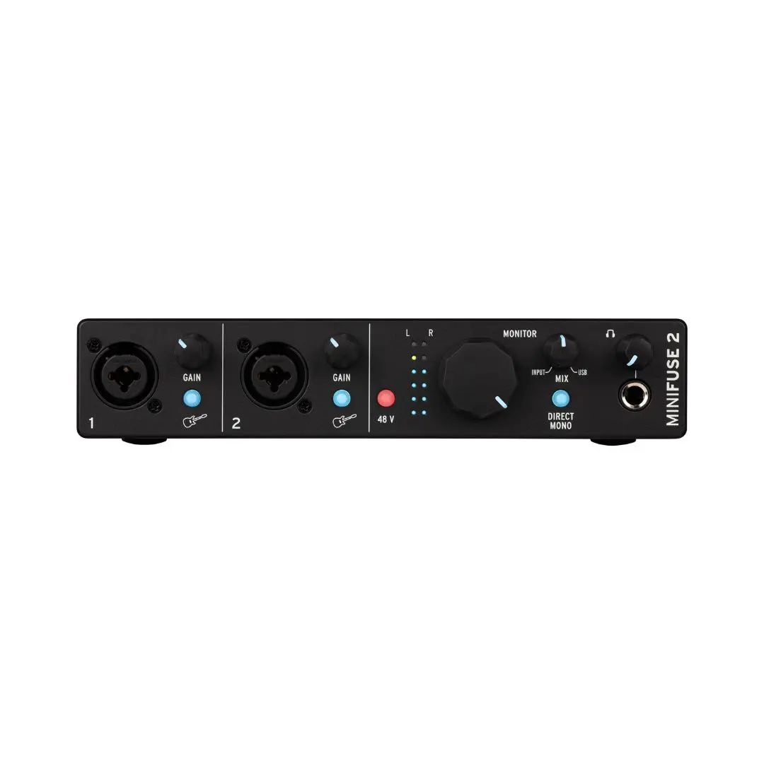 Arturia MiniFuse 2 USB-C audio interface in black, designed for high-quality audio recording and playback.