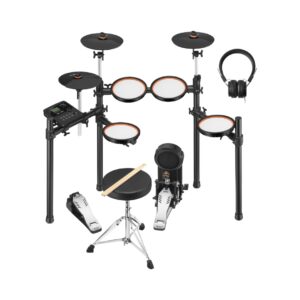 Donner DED-100 8-piece mesh electric drum set featuring realistic drum pads and a compact design for versatile playing.