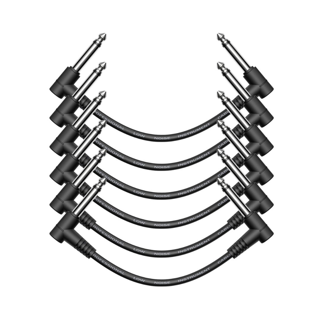 Six black guitar patch cables, 15cm each, from Donner, designed for connecting instruments and effects pedals.