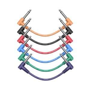 Six colored guitar patch cables from Donner, each 6 inches long, designed for connecting instruments and effects pedals.