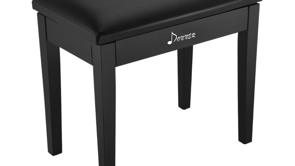 Black Donner EC2044 piano bench stool with music storage, designed for comfort and functionality in music practice.