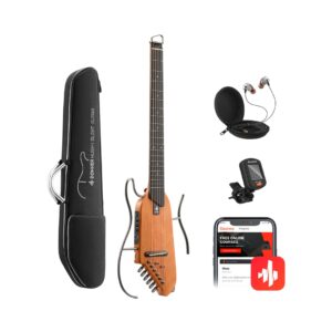 Donner HUSH-I Acoustic-Electric Travel Guitar Kit in natural mahogany finish, designed for portability and quality sound.