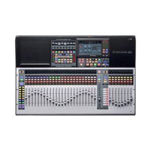 PreSonus StudioLive 32S Series III digital mixing console with various knobs, faders, and a touchscreen interface.
