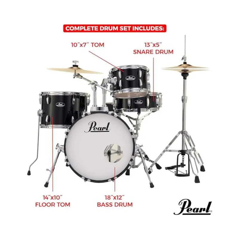 Pearl Roadshow Drum Set 4-Piece with Cymbals and Stands - (Jet Black) - Image 4