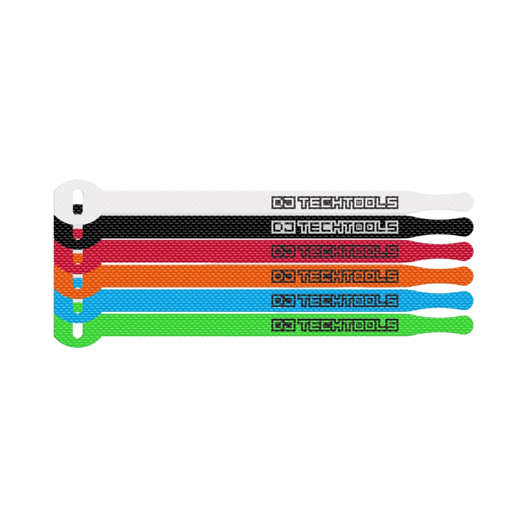 A pack of 20 colorful Chroma Ties designed for organizing cables and enhancing DJ equipment aesthetics.