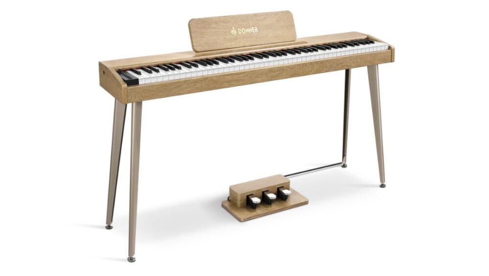 Donner DDP-60 Digital Piano in natural wood finish, showcasing a sleek design with 88 keys and modern features.