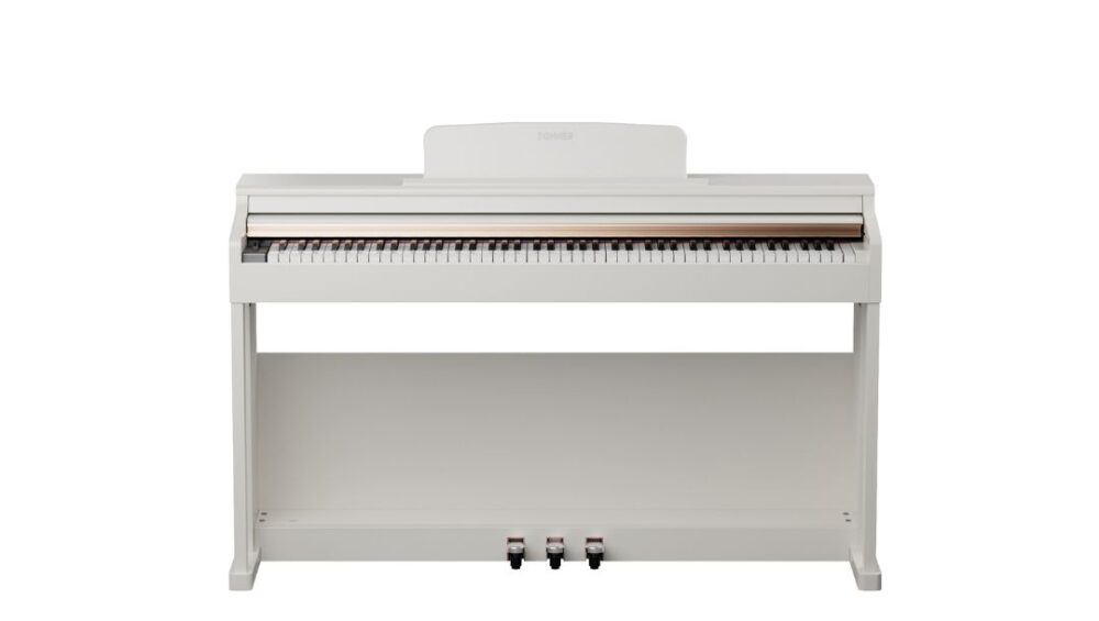 White Donner DDP-100 digital piano with 88 keys, designed for home use, featuring an upright design.