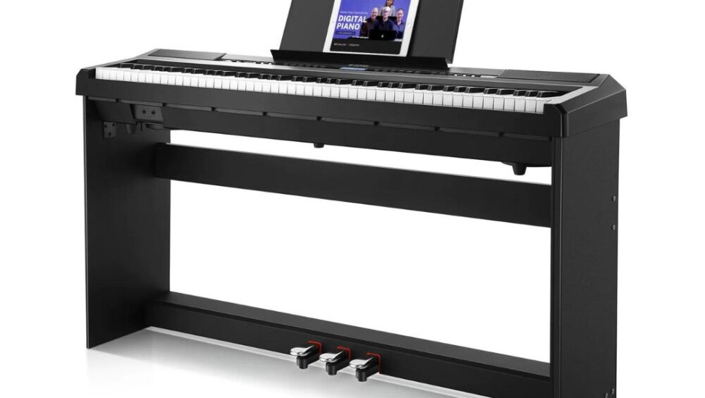 Donner DEP-20 upright digital piano with a sleek black finish and matching stand, designed for home or studio use.