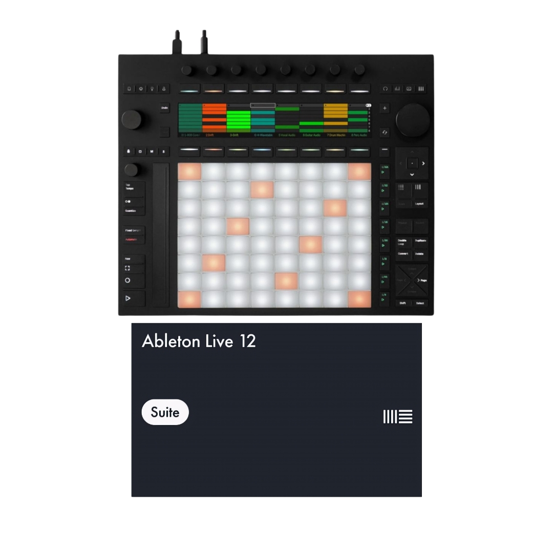 Ableton Push 3 and Live 12 Suite Bundle, showcasing music production hardware and software for creative professionals.
