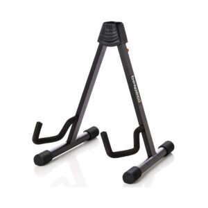 A Bespeco KANGAA A-Style acoustic guitar stand, designed for stability and support, showcasing a sleek black finish.