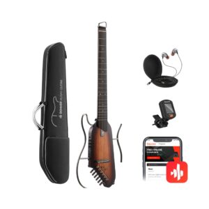 Donner HUSH-I Acoustic-Electric Travel Guitar Kit in mahogany sunburst finish, designed for portability and quality sound.