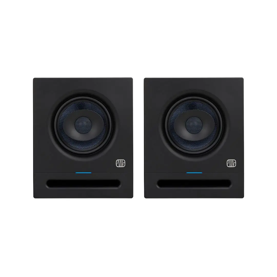 A pair of PreSonus Eris Pro 6 powered studio monitor with a 6.5-inch speaker and 140W output, designed for professional audio use.