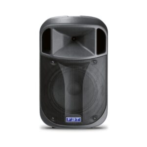 FBT J 12A powered DJ speaker displayed on a plain white background, showcasing their sleek design and robust sound capabilities.