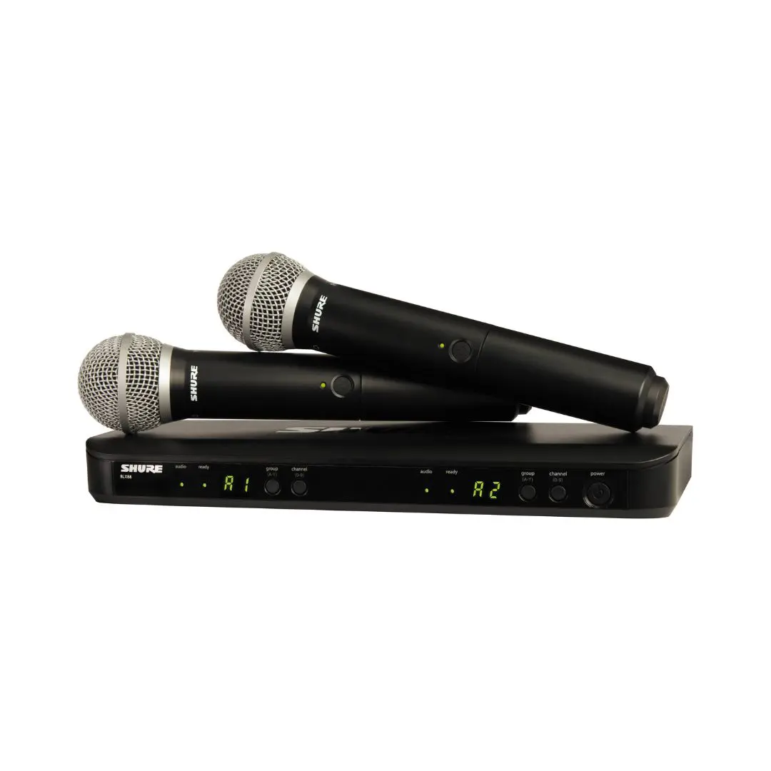 Shure BLX288/PG58 dual handheld wireless microphone system with two transmitters for clear audio performance.