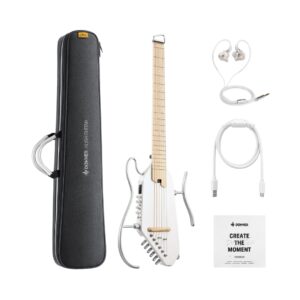 White Donner HUSH-I PRO Acoustic-Electric Travel Guitar Kit displayed on a neutral background, showcasing its compact design.