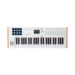Arturia KeyLab 49 MK3 MIDI controller in white, featuring 49 keys and various control knobs for music production.
