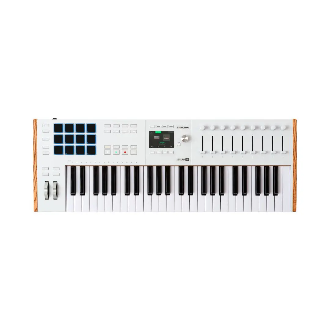 Arturia KeyLab 49 MK3 MIDI controller in white, featuring 49 keys and various control knobs for music production.