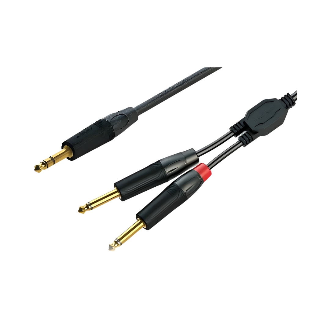 Roxtone GPTC130 Jk stereo to 2Jk mono audio cable, designed for connecting audio devices with different output types.