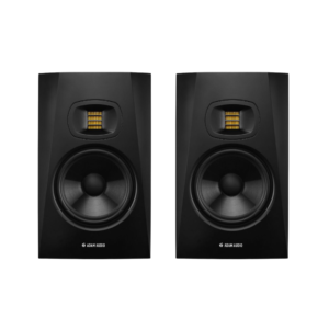 Pair of ADAM Audio T7V 7-inch powered studio monitors, designed for high-quality sound in professional audio settings.