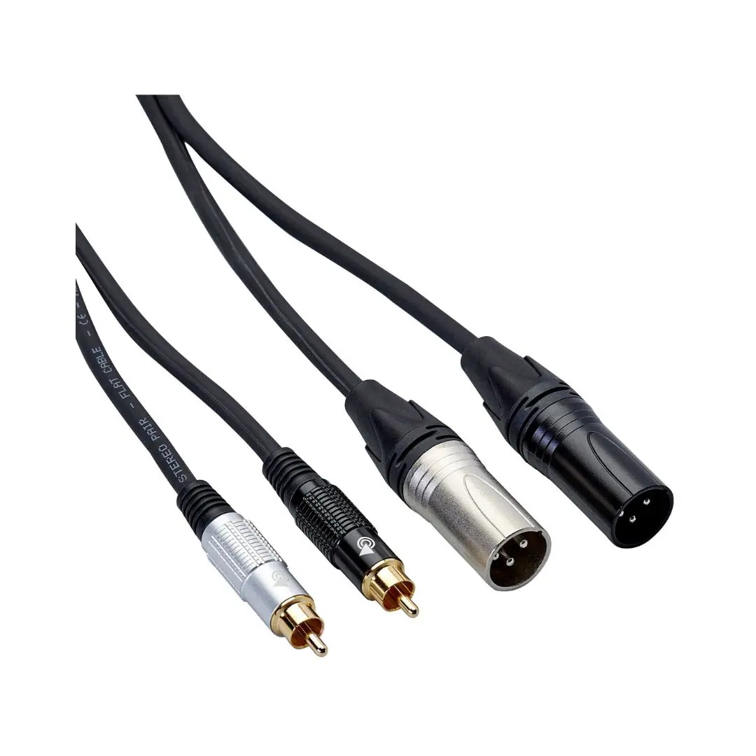 Bespeco EAY2X2R150R 1.5M cable with 2 XLR male connectors and 2 RCA male connectors for audio interlinking.