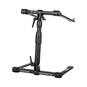 Headliner Gigastand USB+ DJ laptop stand with integrated USB hub, designed for optimal equipment organization and accessibility.