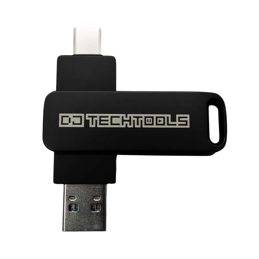 Black DJTT Chroma USB drive, 128GB capacity, designed for DJs to store and transfer music files efficiently.